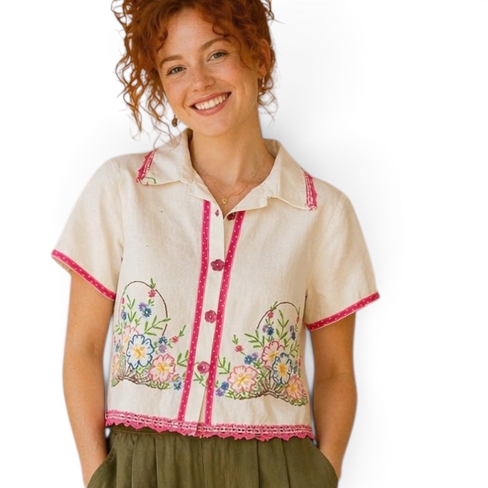 Vintage Handmade Embroidered Floral Basket Shirt‎ White Pink Trim L/XL